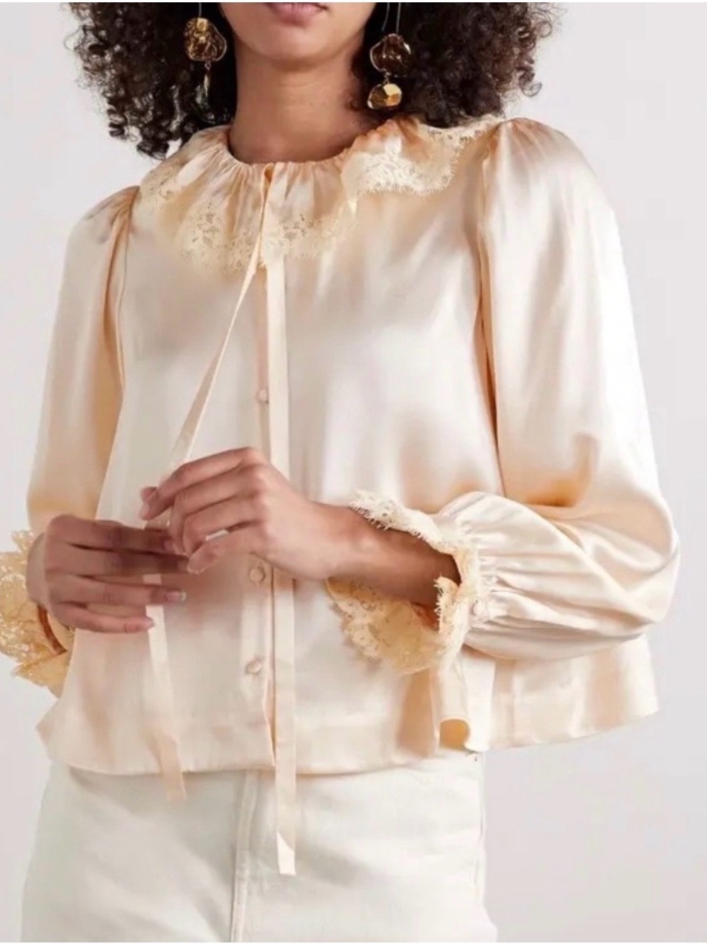 Dôen Ingrid 100% Silk Lace-Trim Button Front Blouse in Candlelight